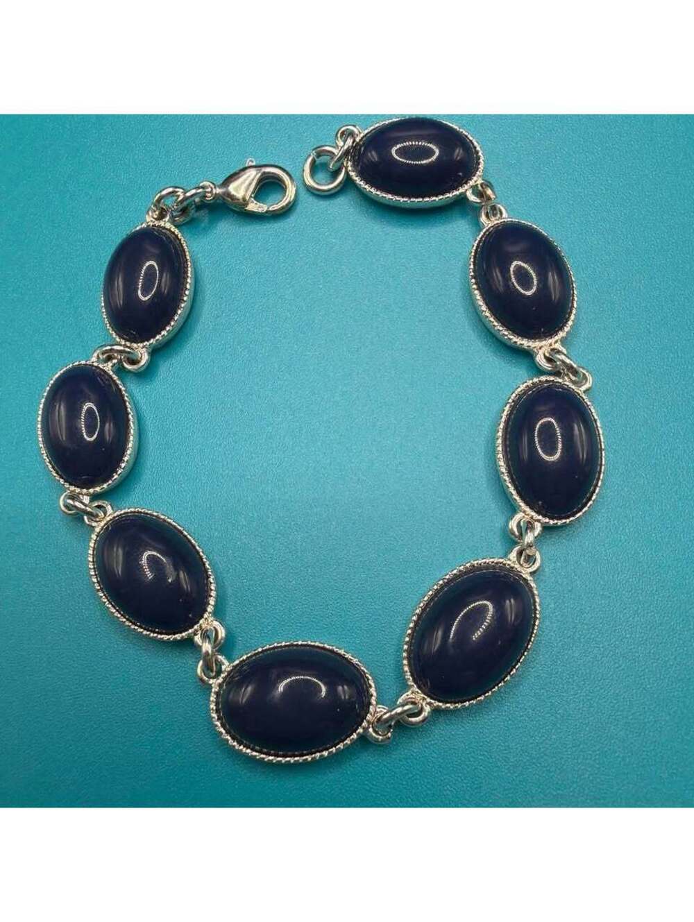 Silver-Tone Oval Dark Blue Cabochon Link Bracelet